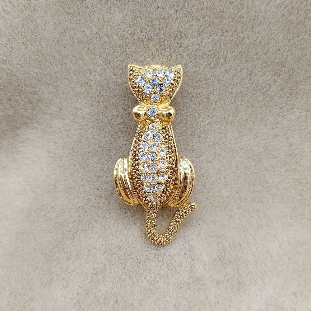 Vintage Crystal Rhinestone Cat Brooch | Gold Tone Cat Pin Jewelry